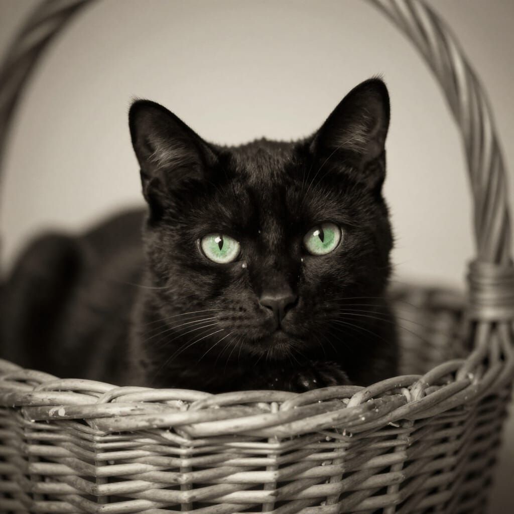 Vintage Sepia Photo of Black Cat in Wicker Basket