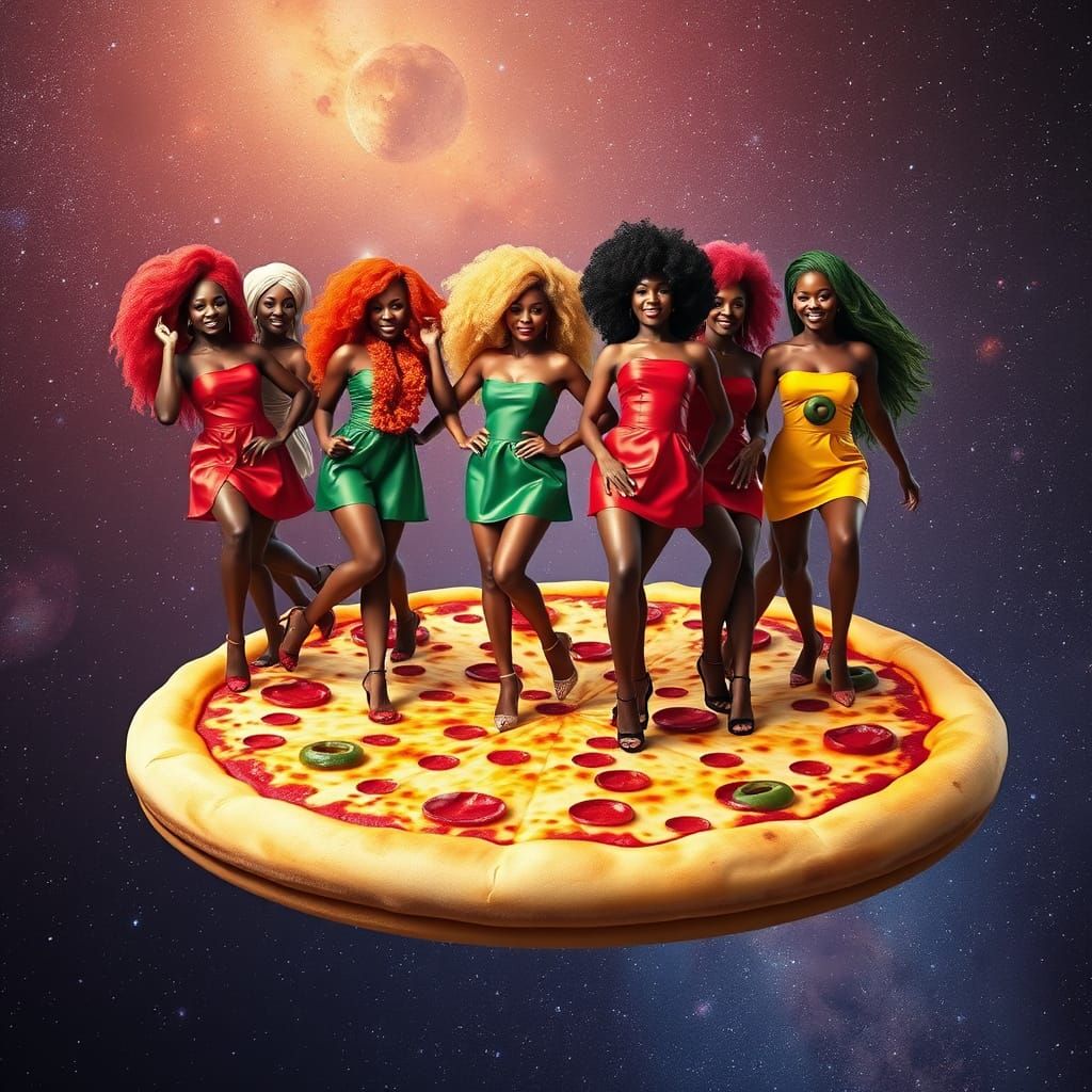 Rainbow Haired Women Dance on Pizza in Space