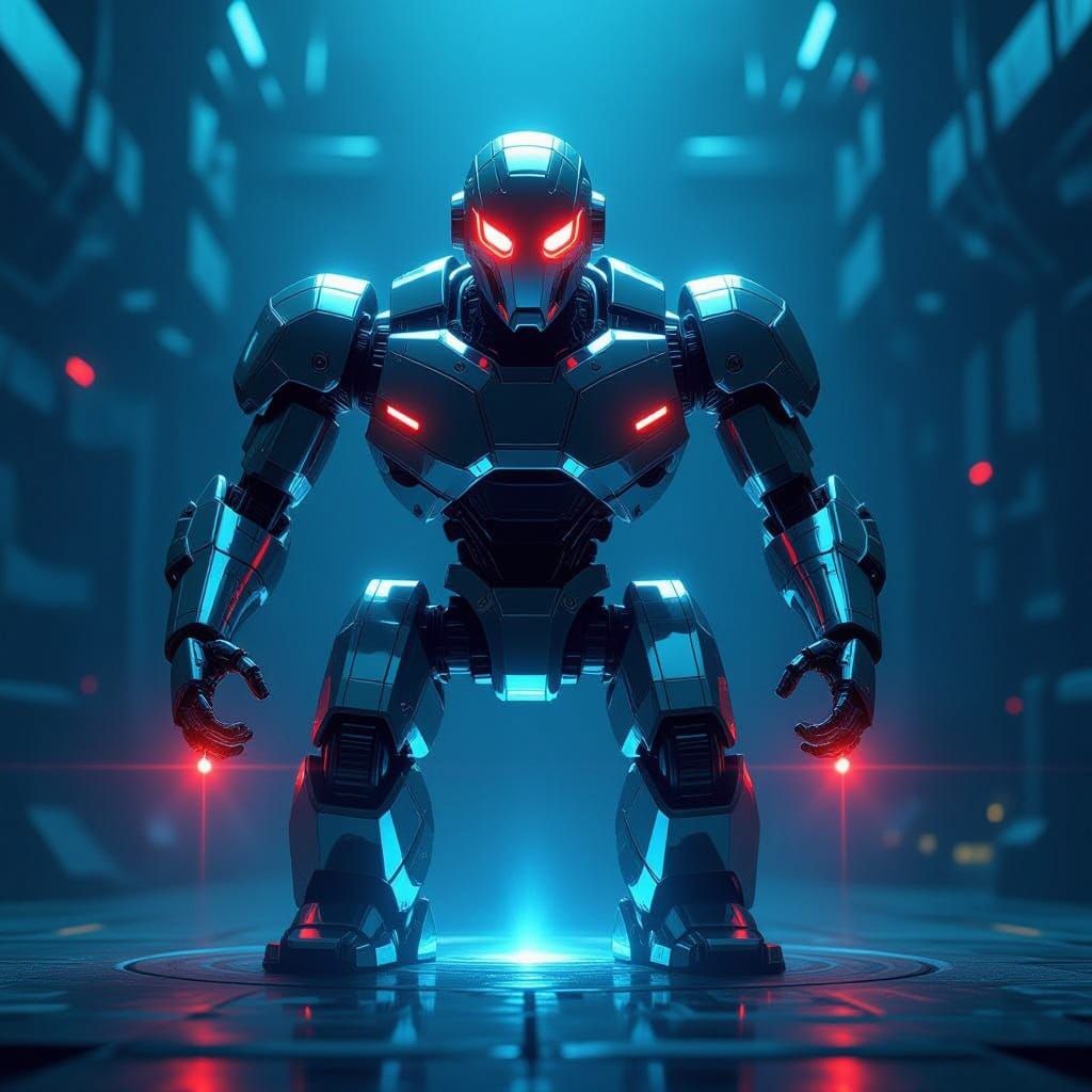 Chrome Robot with Laser Eyes Prepares to Teleport