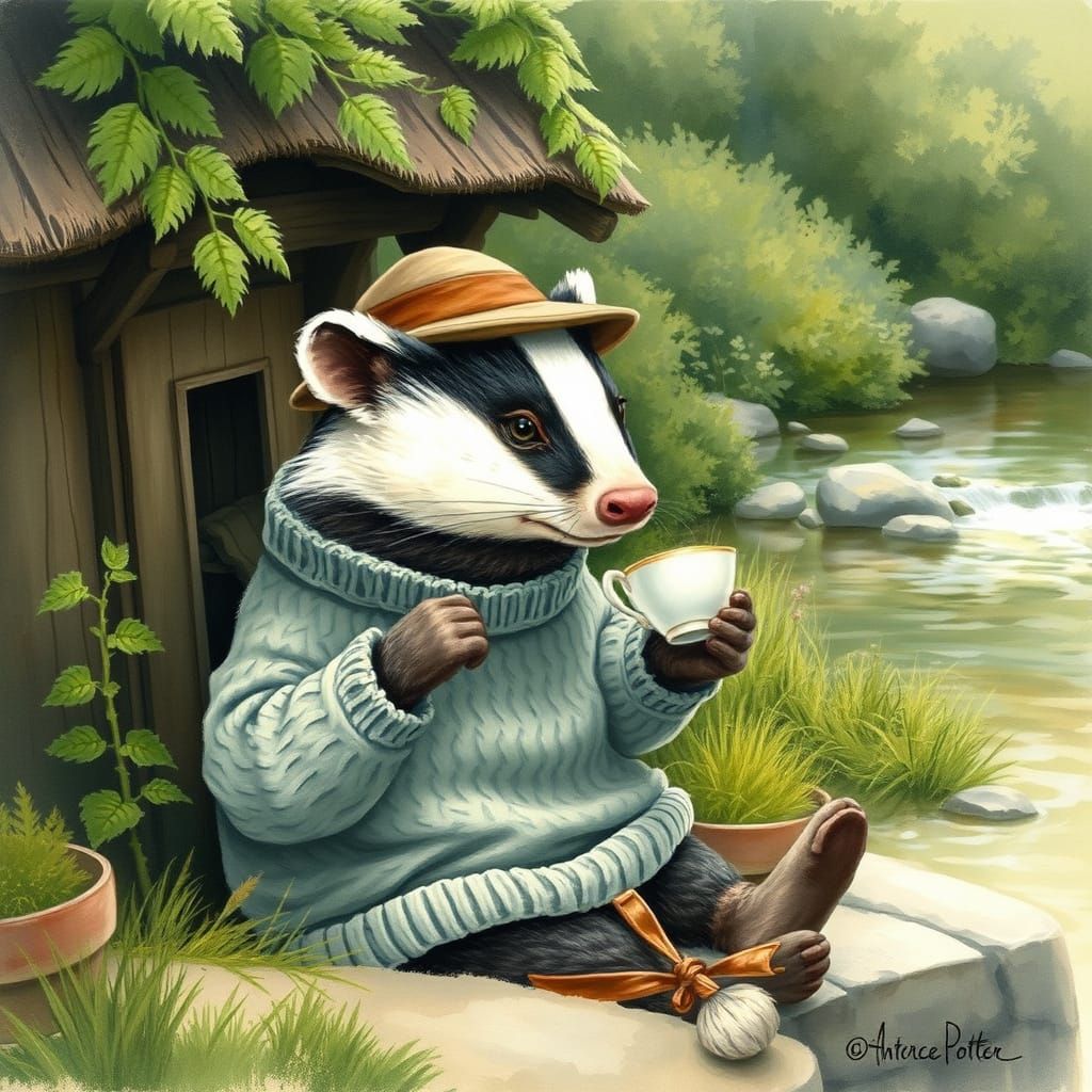 Whimsical Woodland Scene with Badger in Cozy Sweater