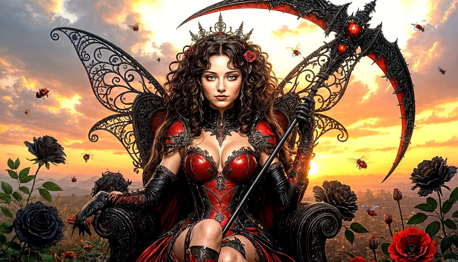 Ladybug Queen on Poppy Throne in Dark Fantasy