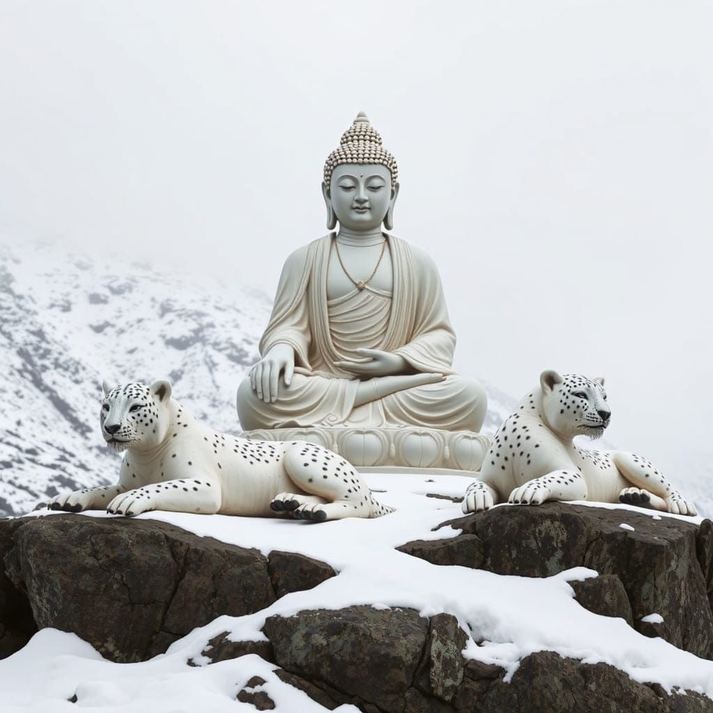 Medicine Buddha Statue with Snow Leopards