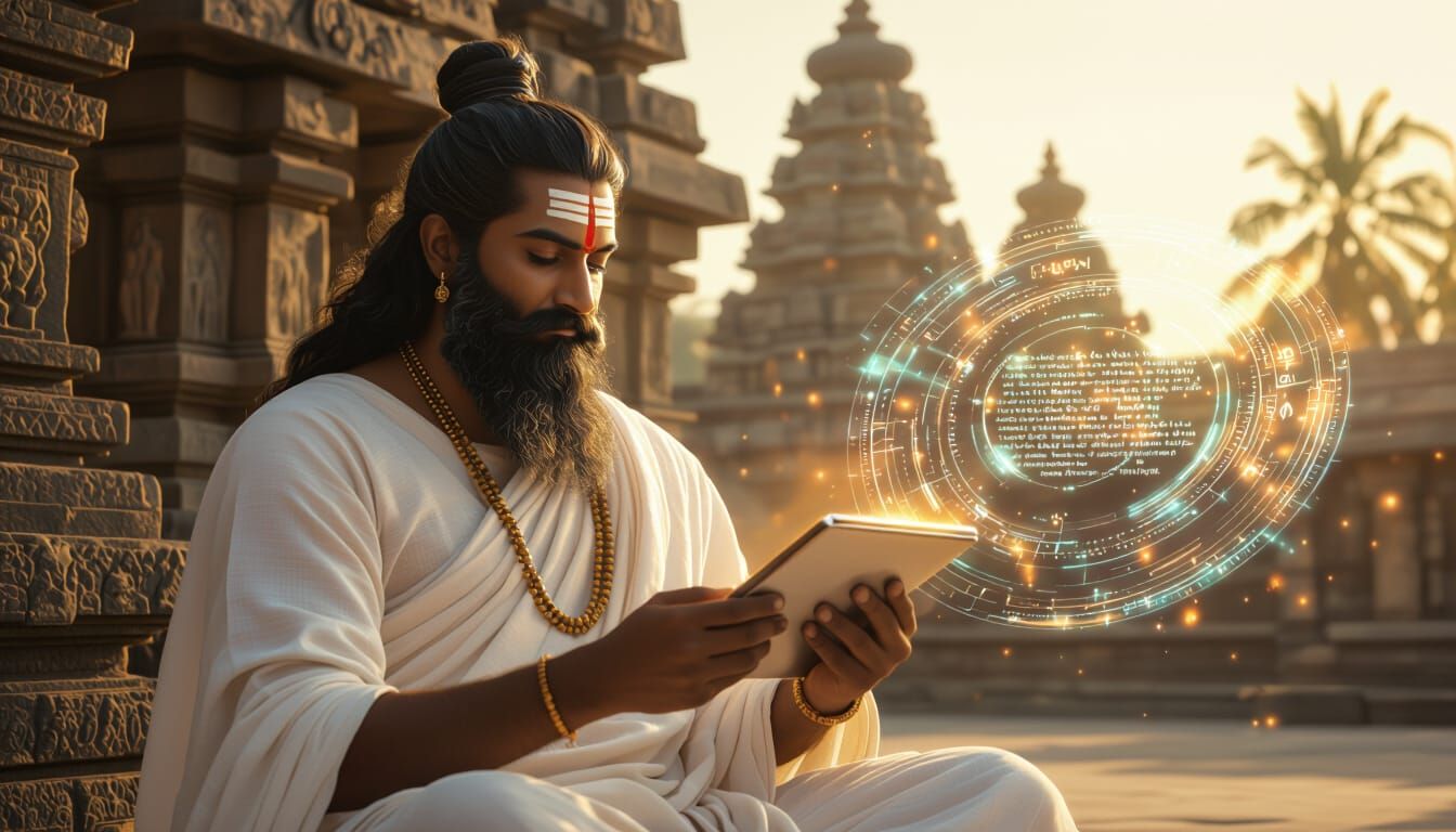 Thiruvalluvar with Futuristic Tablet in Digital Temple