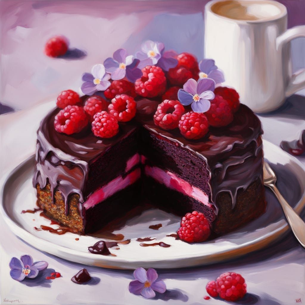Chocolate Raspberry Cake with Violets in Expressionist Style