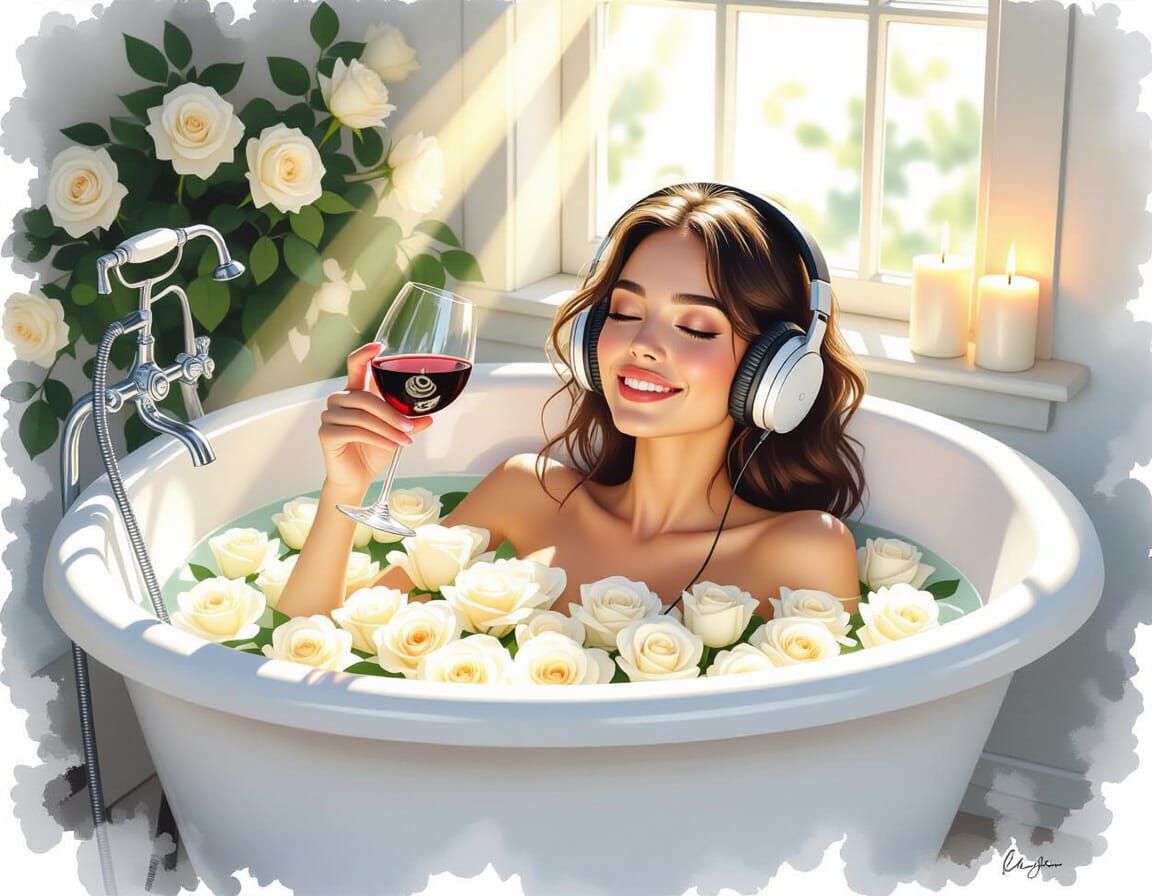Dreamy Woman Enjoys Wine Among Roses, Watercolour Style