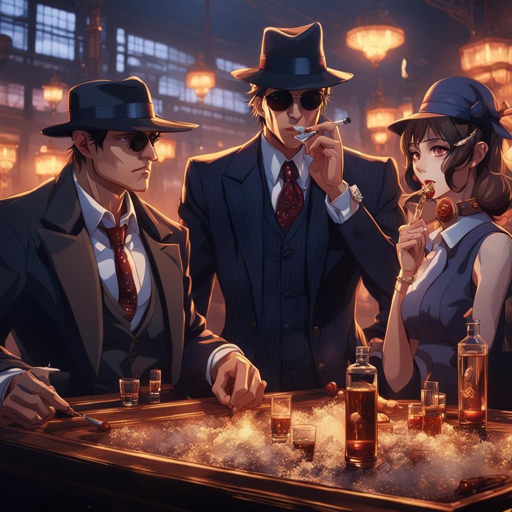 Anime Mafia Girls Smoking, Detailed Digital Art
