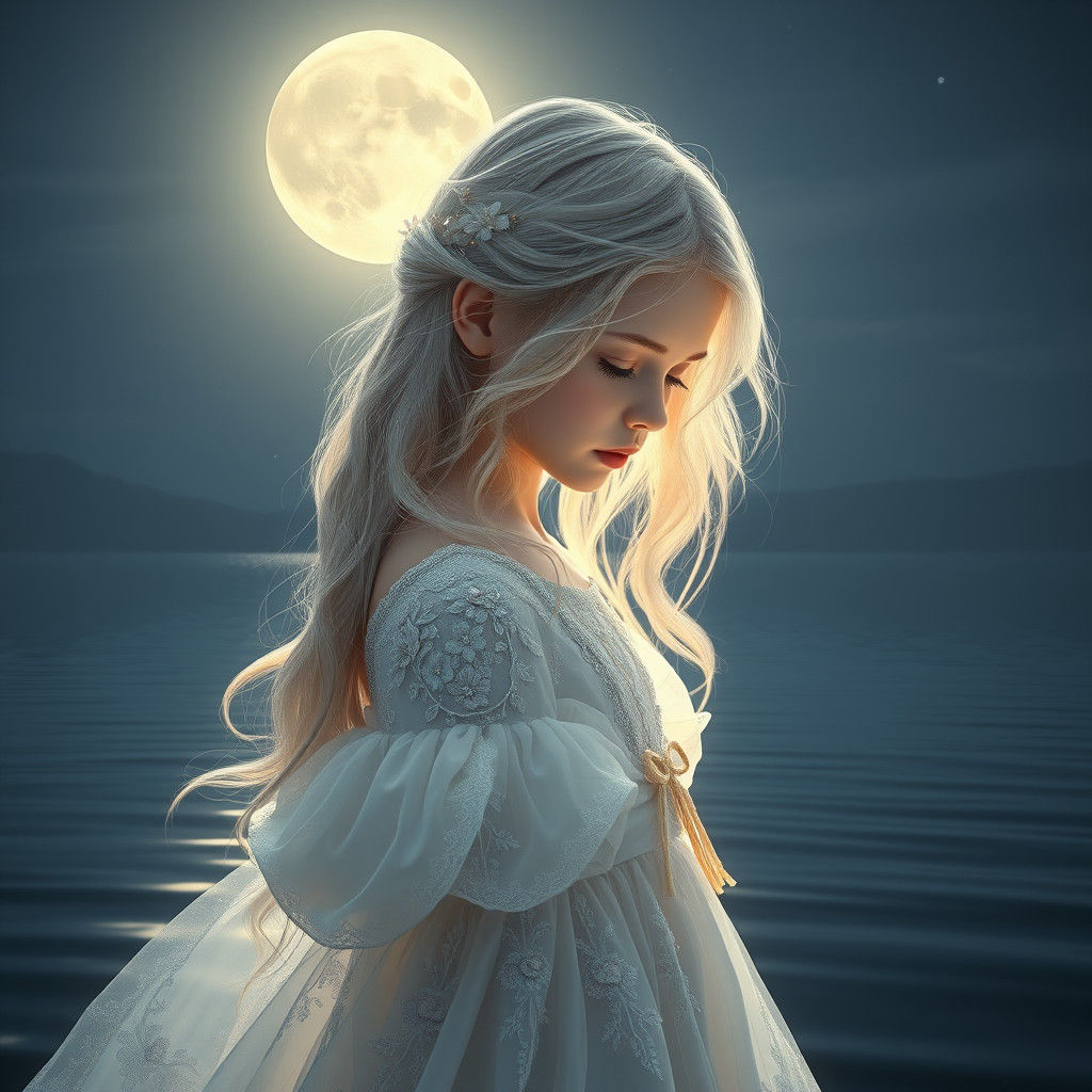 Girl with Moonlit Hair by Lake, Art Nouveau Style