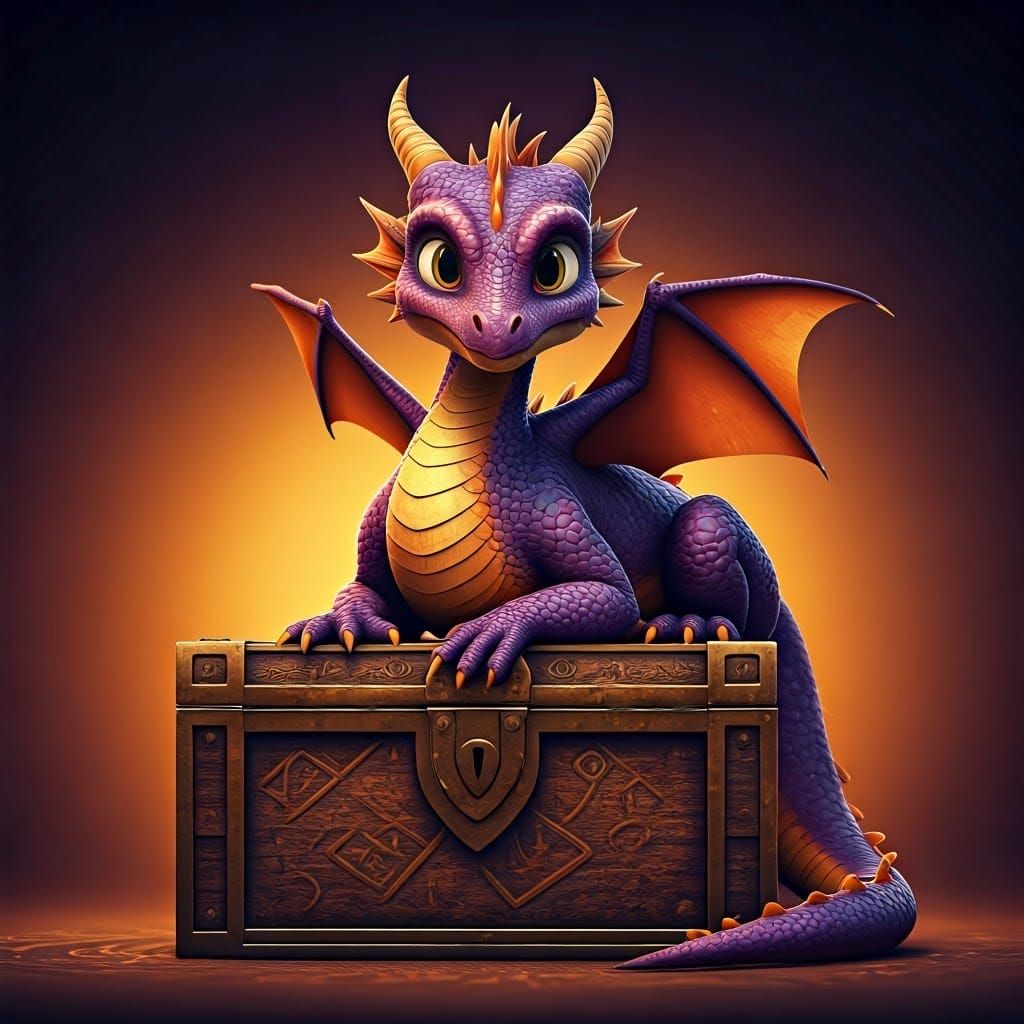 Purple and Orange Dragon on Treasure Chest as 3D Art