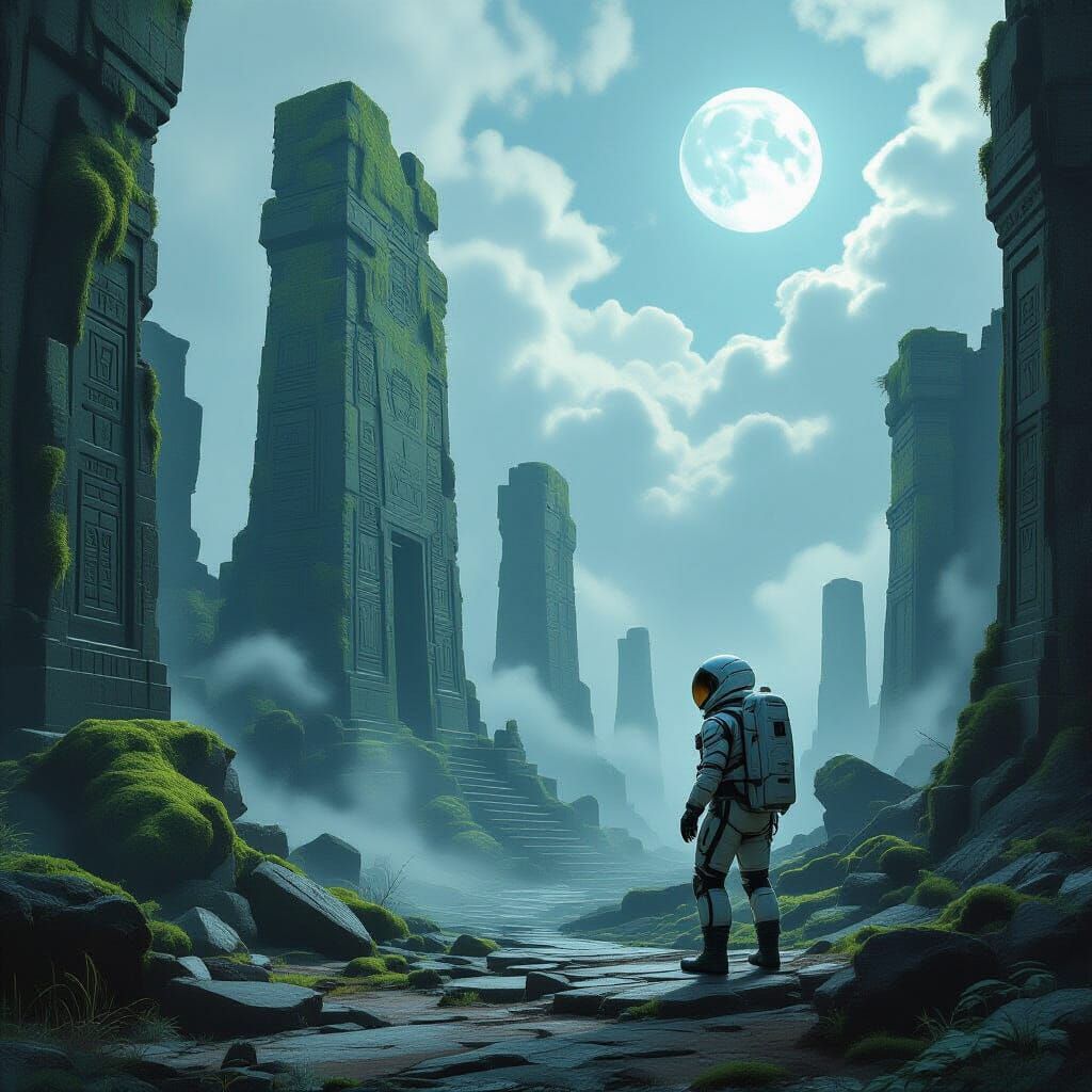 Astronaut Explores Alien Ruins Under Twin Moons