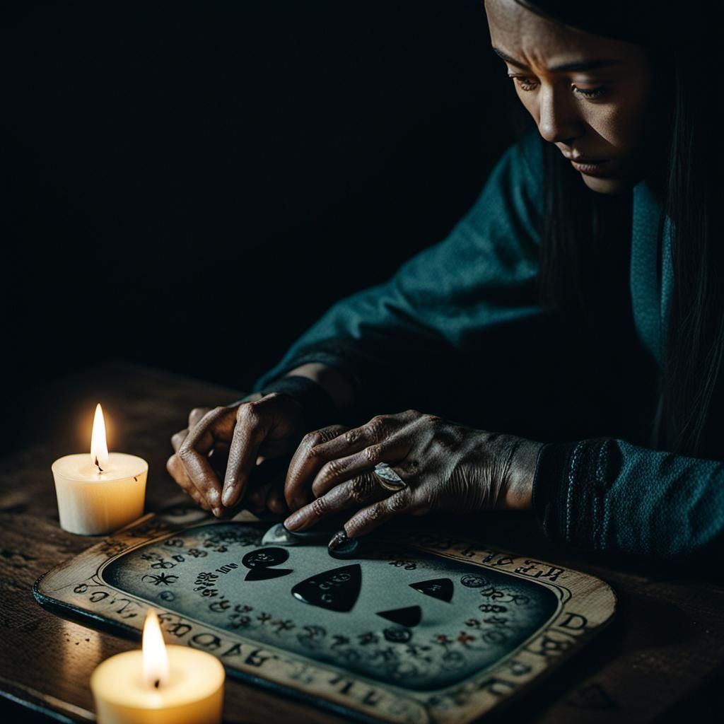 Dramatic Ouija Board Séance: Cinematic Film Still