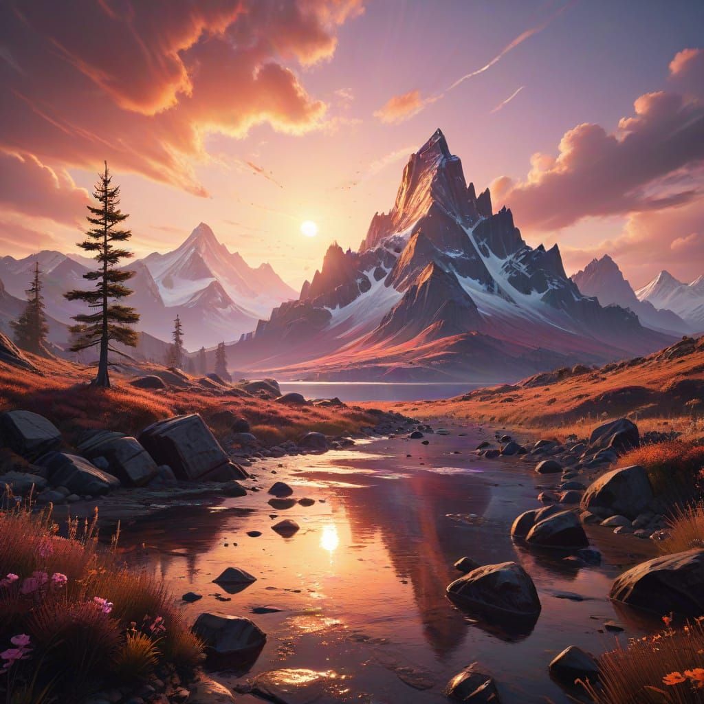 Sunset Seascape with Majestic Mountains in Dreamy, Vibrant C...