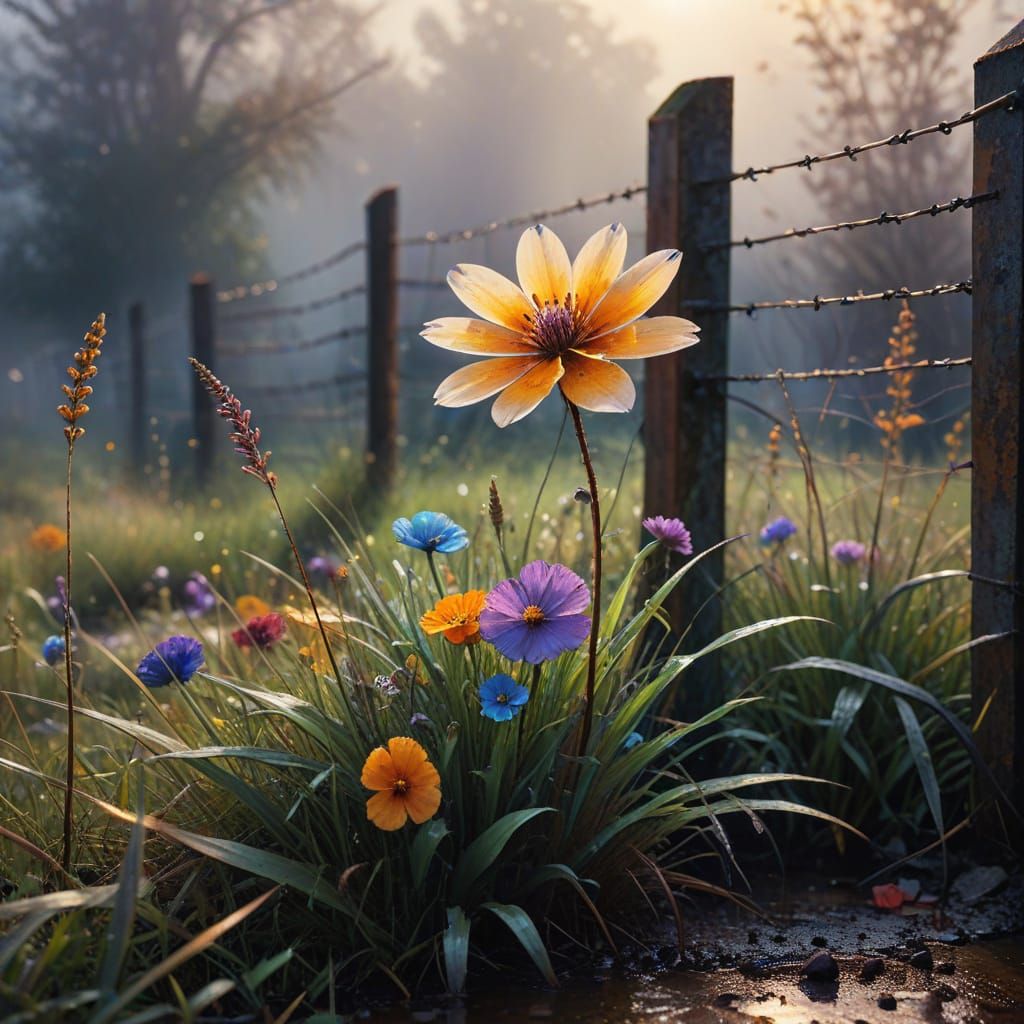 Rainbow Flower Painting Behind Rusted Fence
