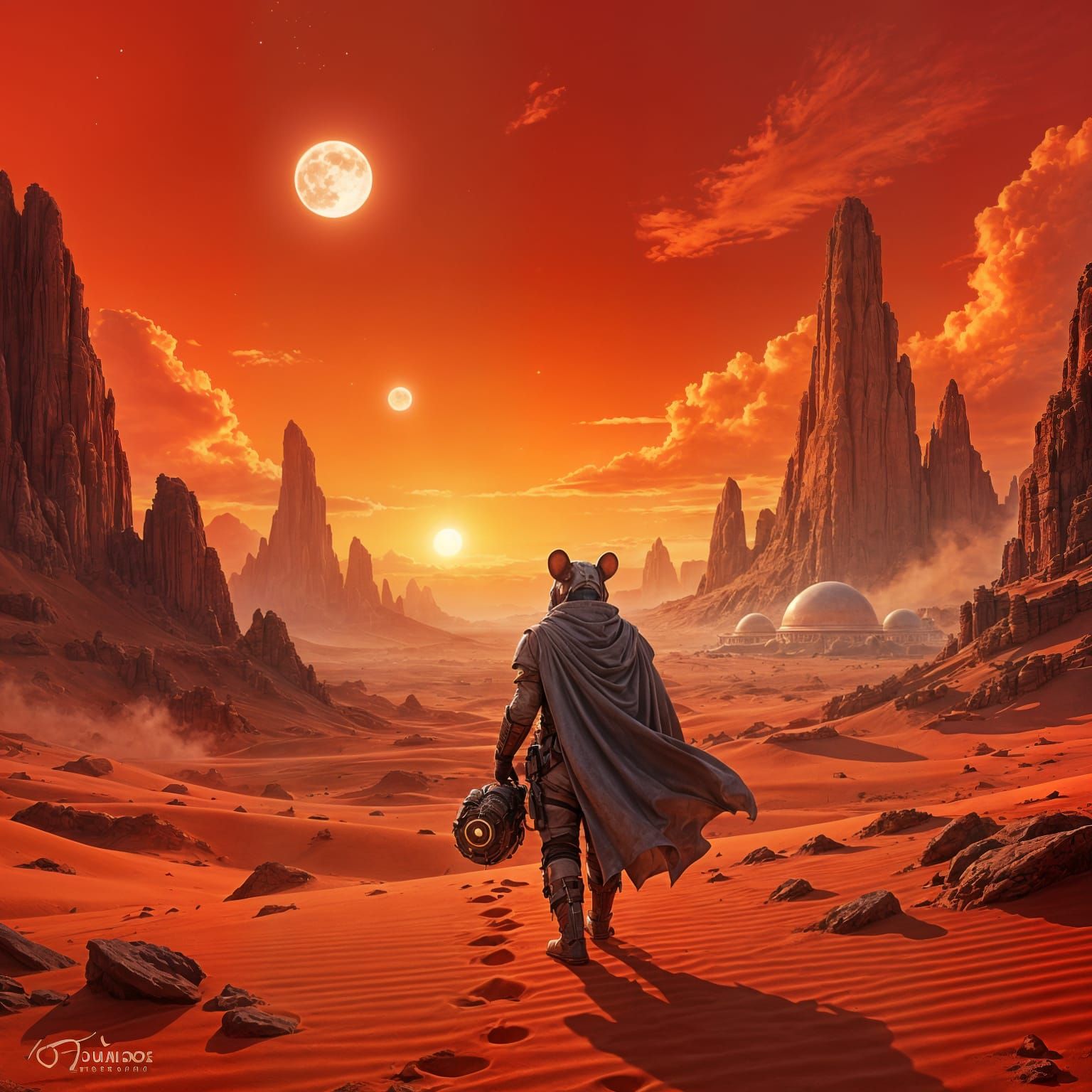 Martian Landscape with Mouse Explorer Under Crimson Sky