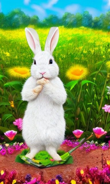 Adorable Rabbit Gardener in Sunny Flower Garden