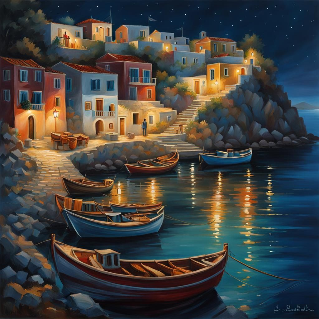 greek island fishing village at night