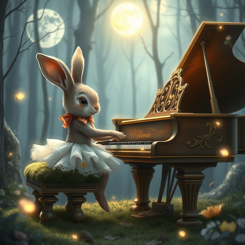 Rabbit Pianist in Moonlit Forest