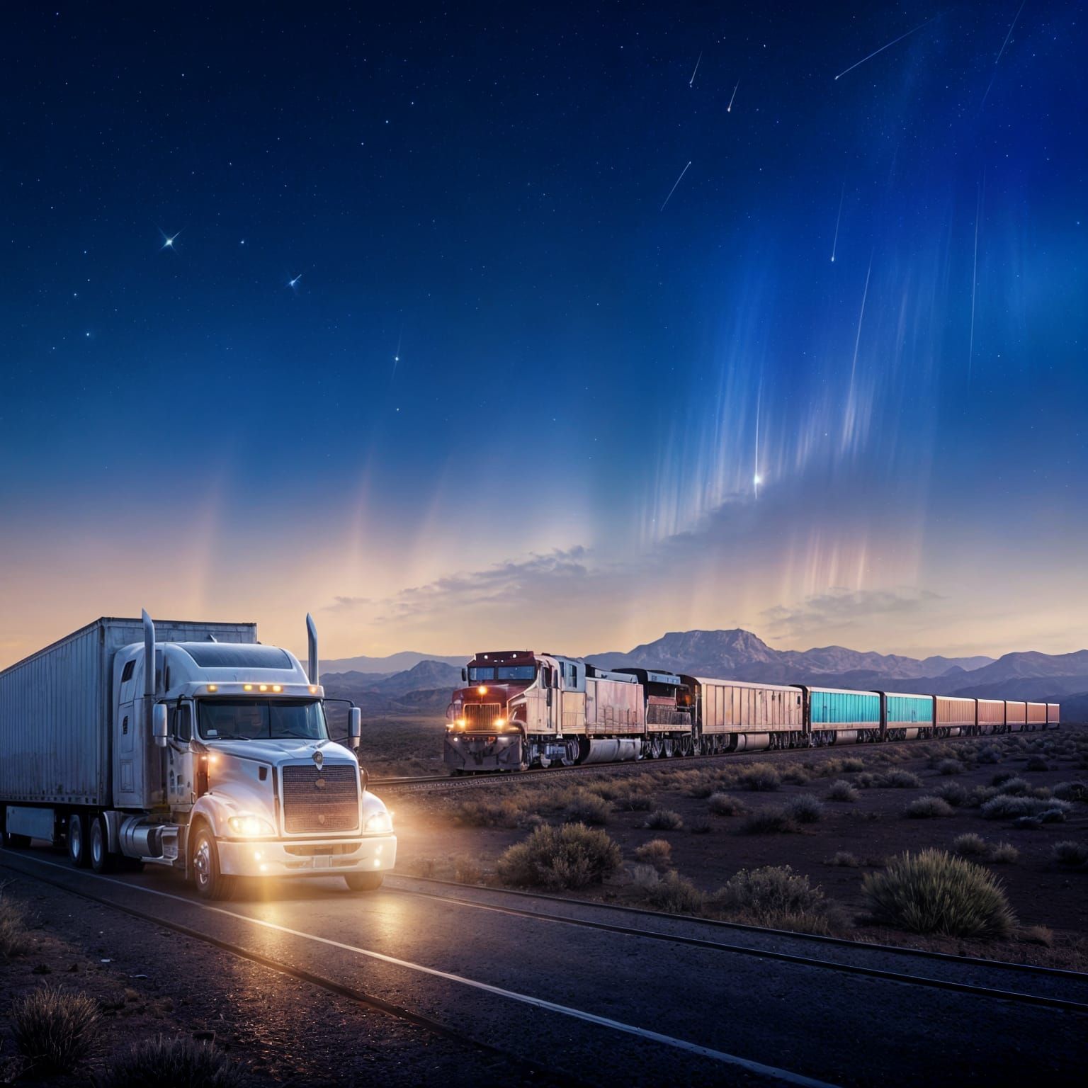 New Mexico Night Train and Truck Under Stars
