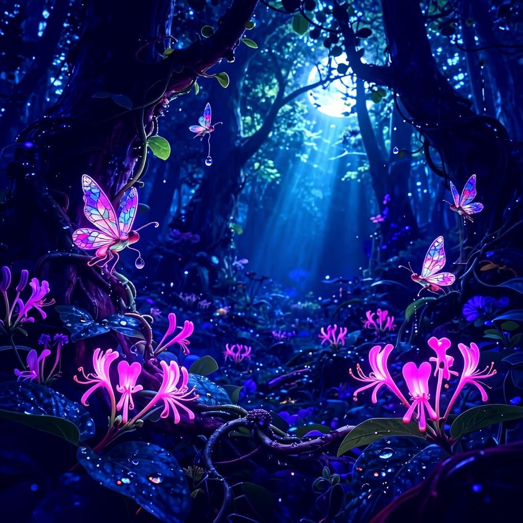 Tiny Fairies Collecting Dewdrops on Honeysuckle Leaves