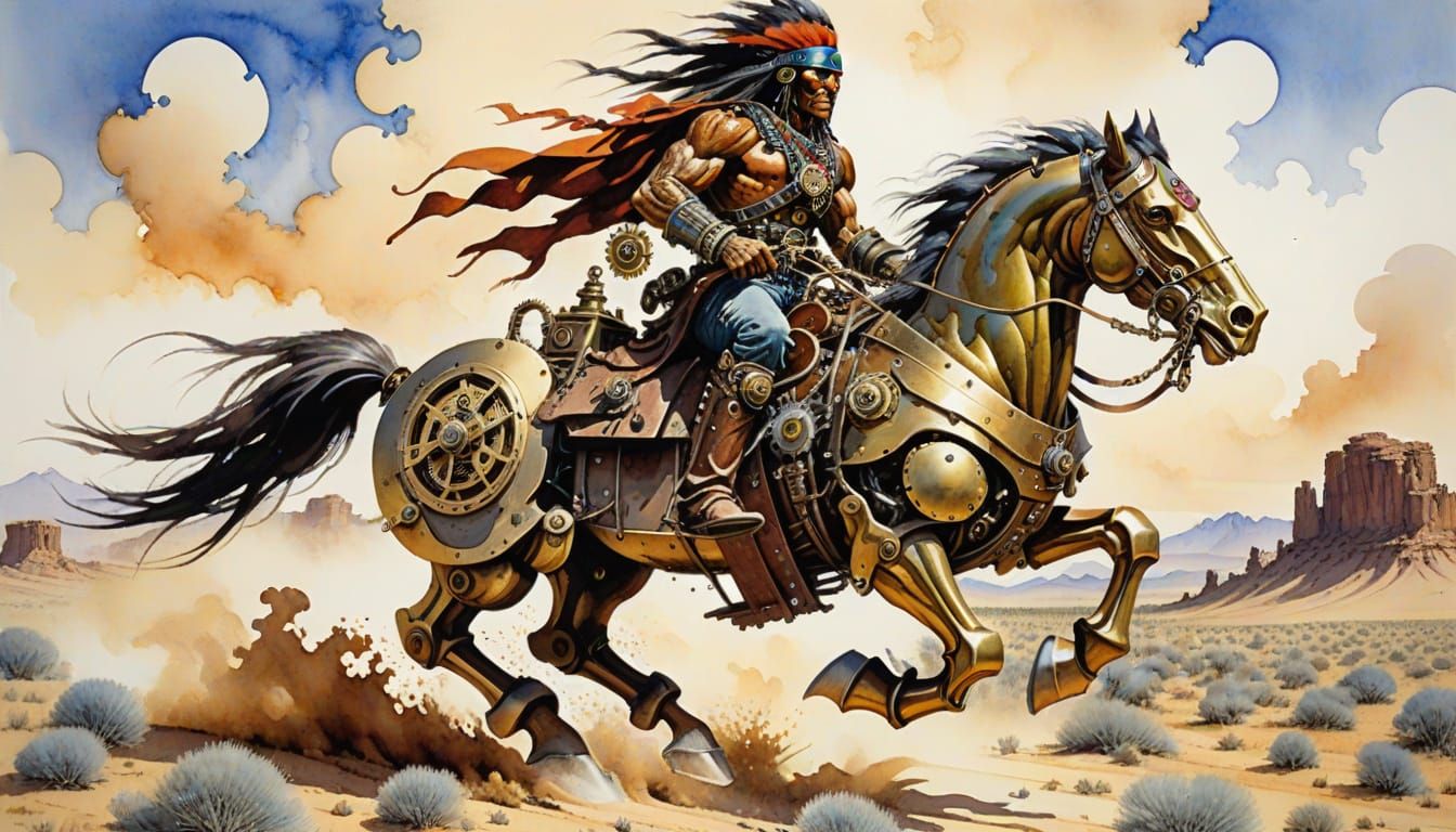 Apache Brave Rides Steampunk Robot Horse Across the Wild Wes...