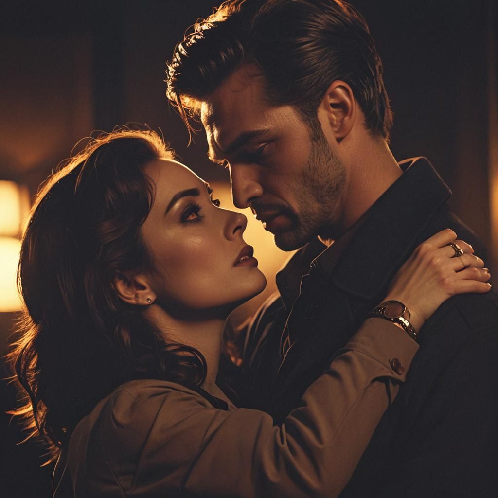 Passionate Embrace in Moody Film Noir Style
