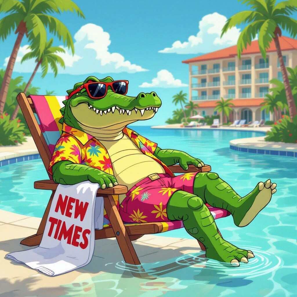 Alligator Cartoon Lounging by Pool in Cartoon Network Style
