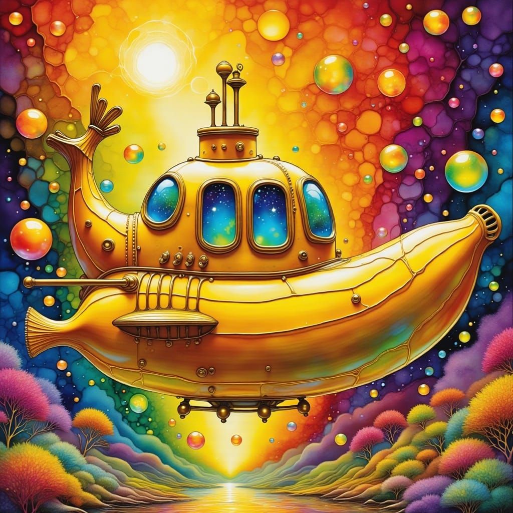 Yellow Submarine in Banana Spaceship with Neon Bubbles