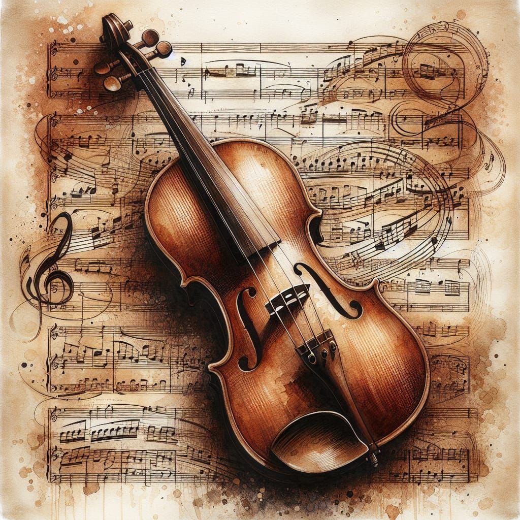 Harmonious Violin Amidst Flowing Sheet Music