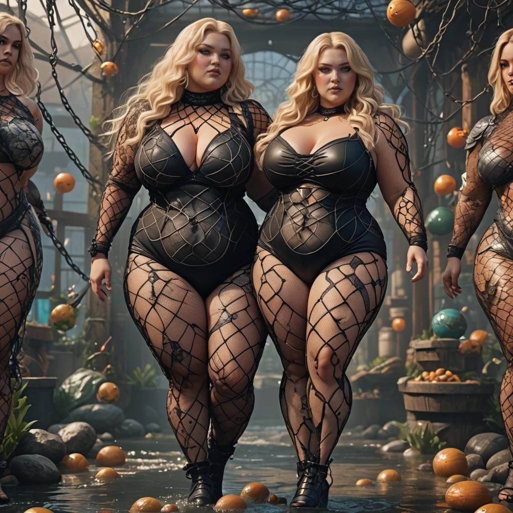 Blonde Model in Fishnet Bodysuit: Detailed Digital Painting