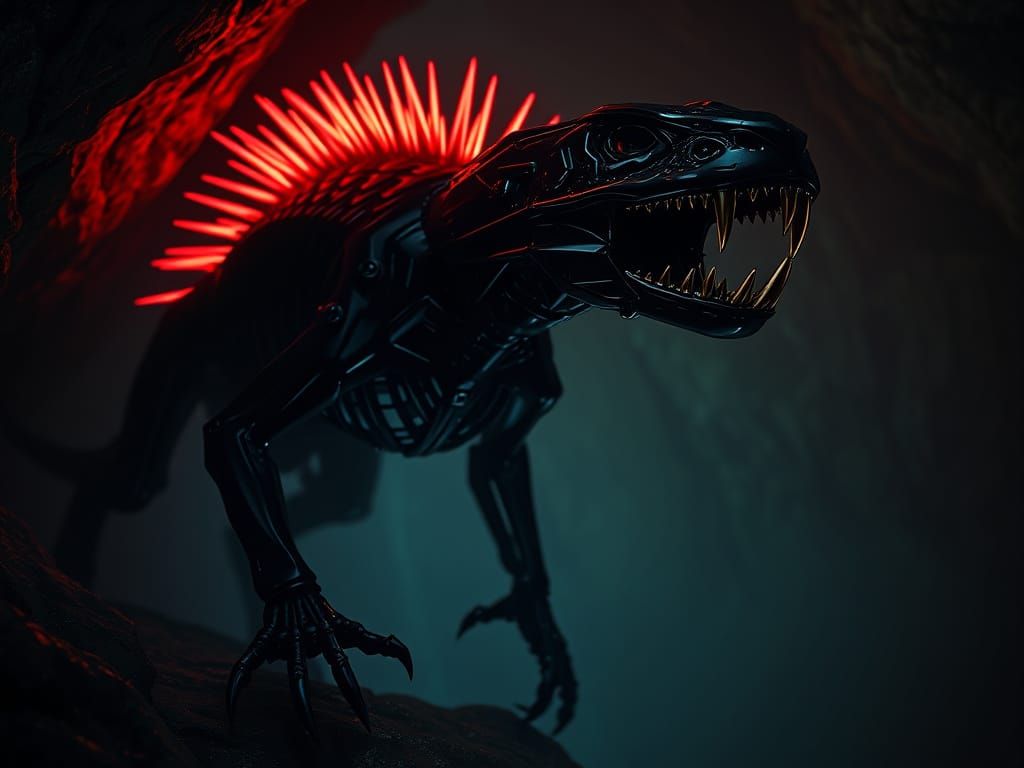 Mechanical Panther-Lizard with Glowing Red Quills in Dark Ca...