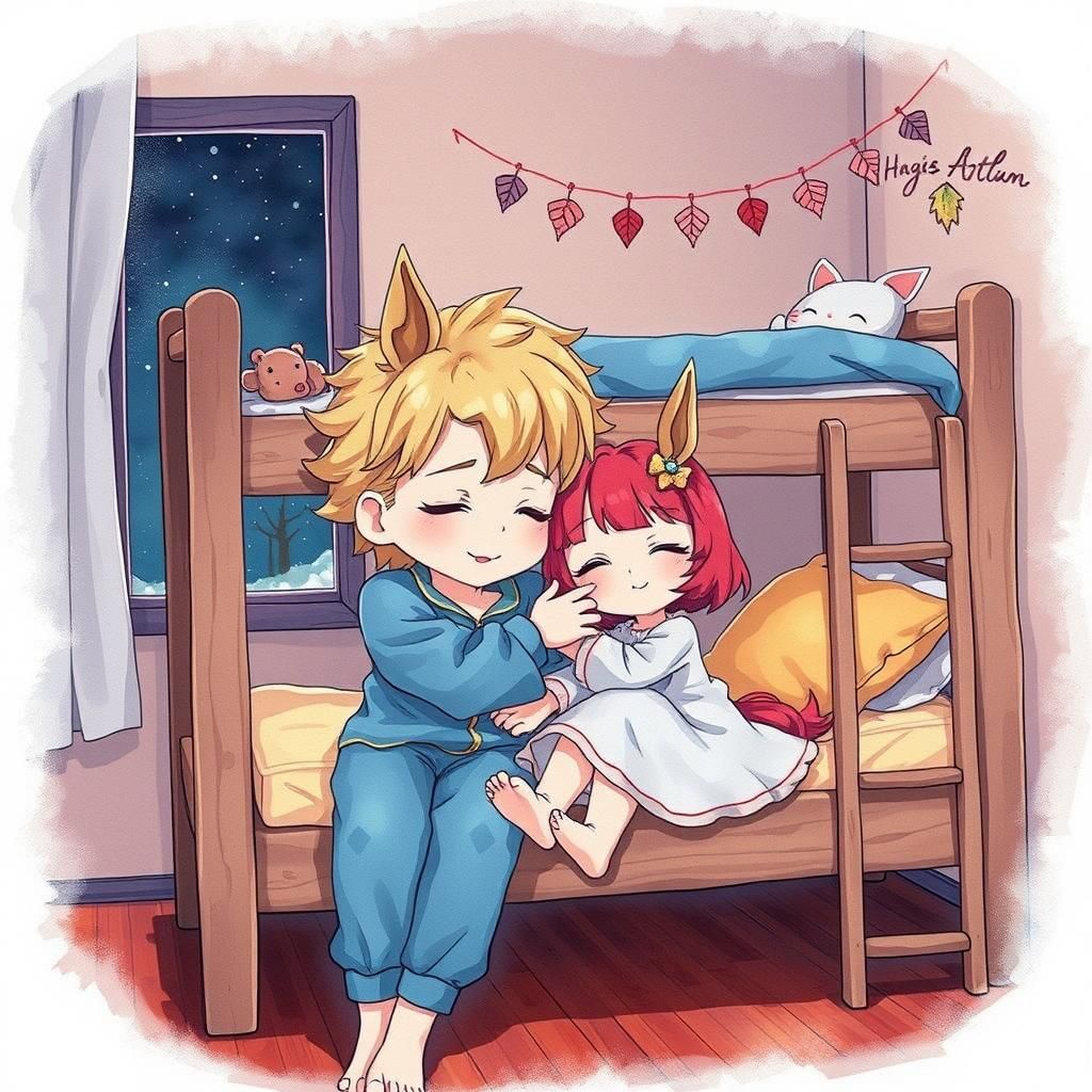 Chibi Boy Hugs Sister: Watercolor Anime Style