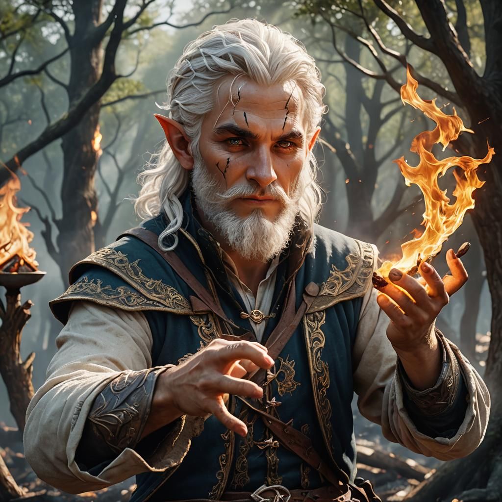 Fiery Bard: Hyperrealistic Elf Casting Fire Spell