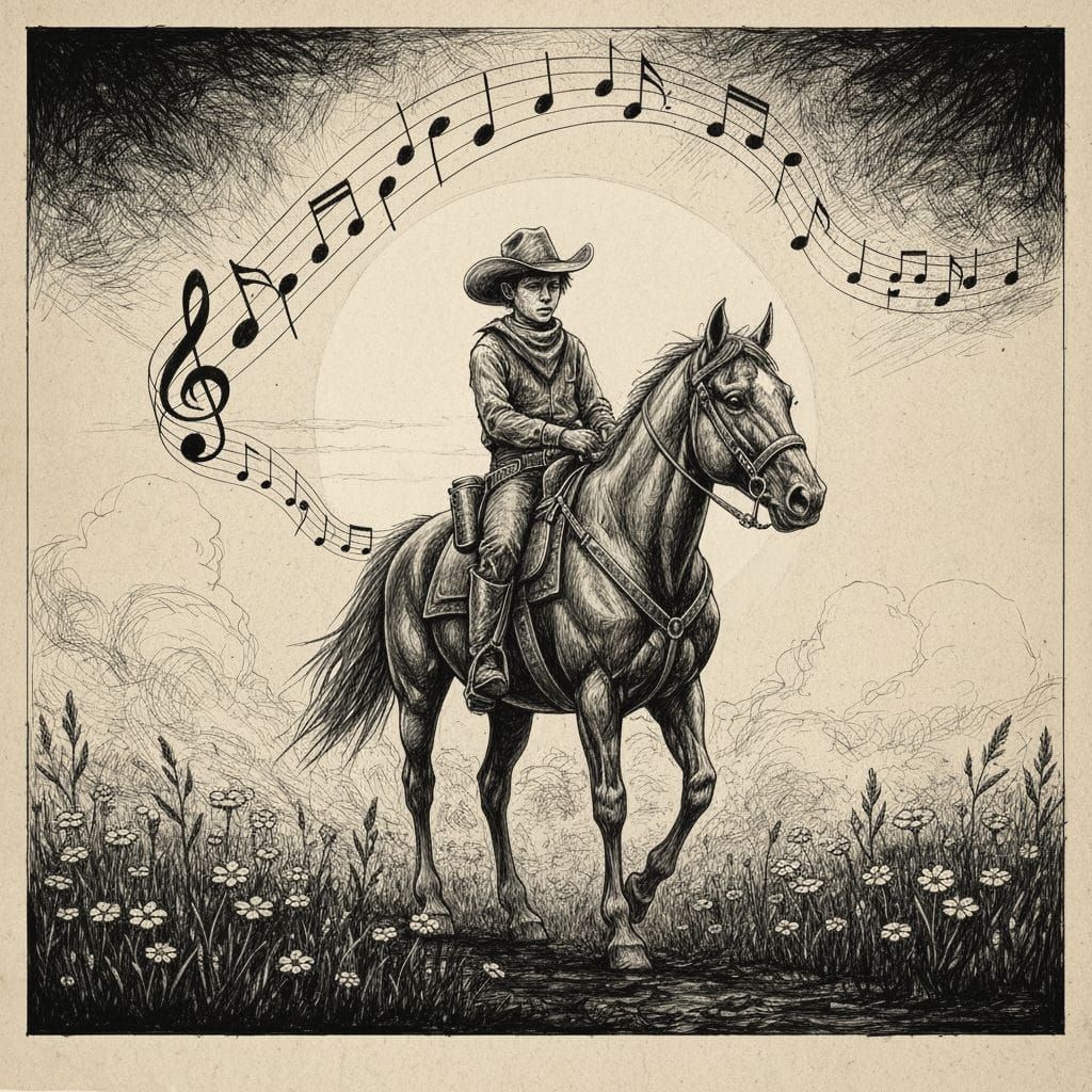 Cowboy Boy Rides Through Dusty Sunset in Monochromatic Style
