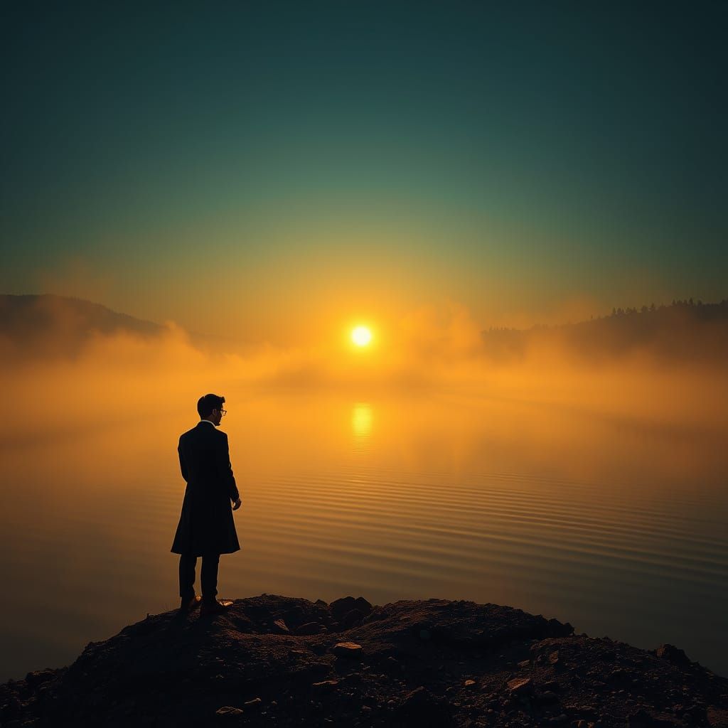 Elegant Figure at Sunset on Misty Lake in Hyperrealistic Sty...