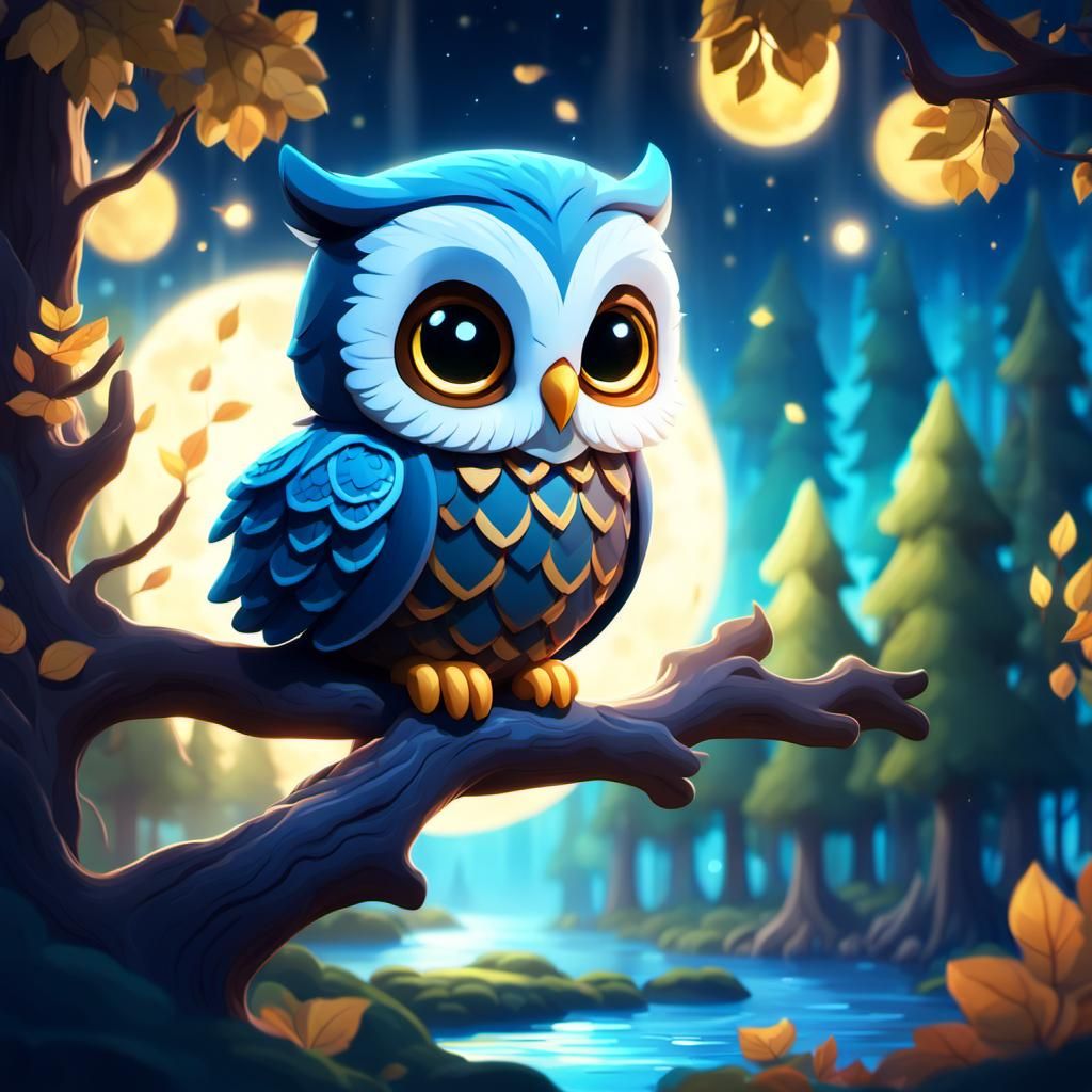 Chibi Owl in Moonlit Forest, Fantasy Concept Art