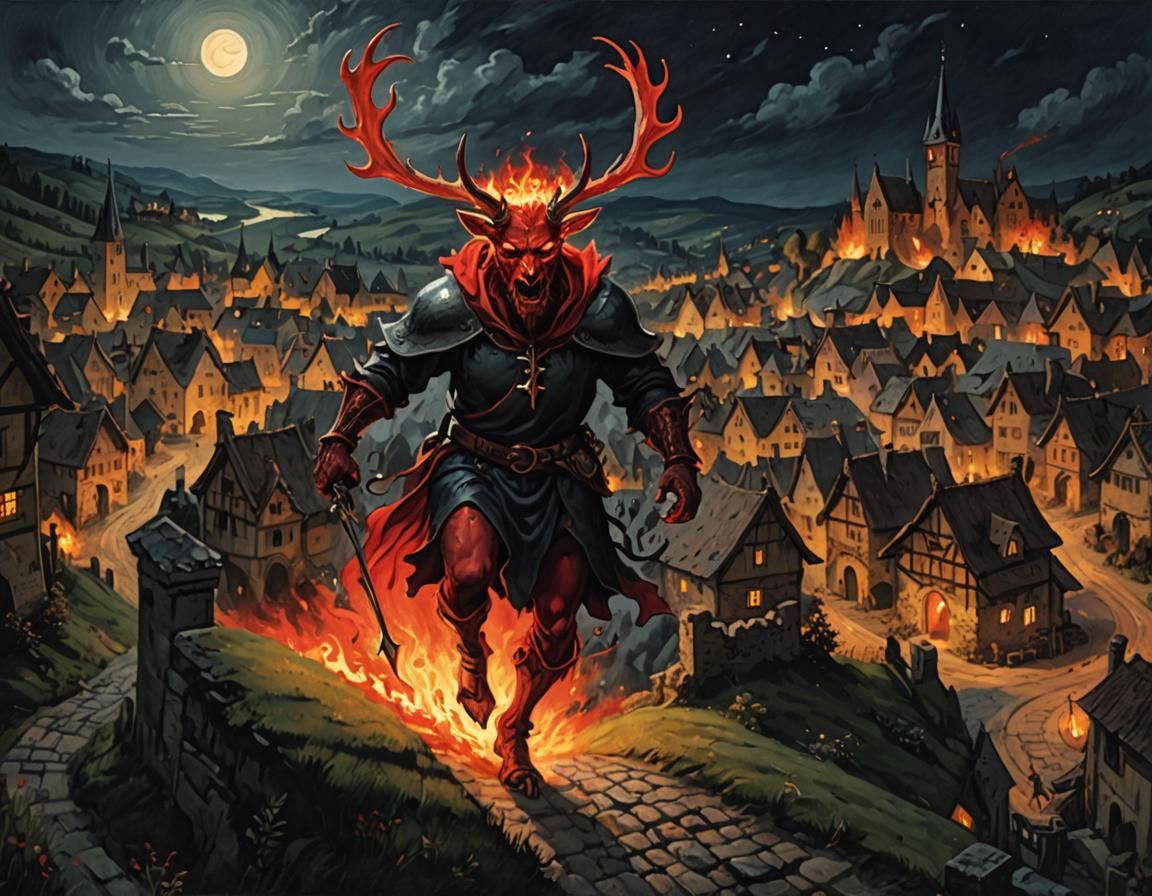 Devil with Flaming Head Approaches Medieval Village