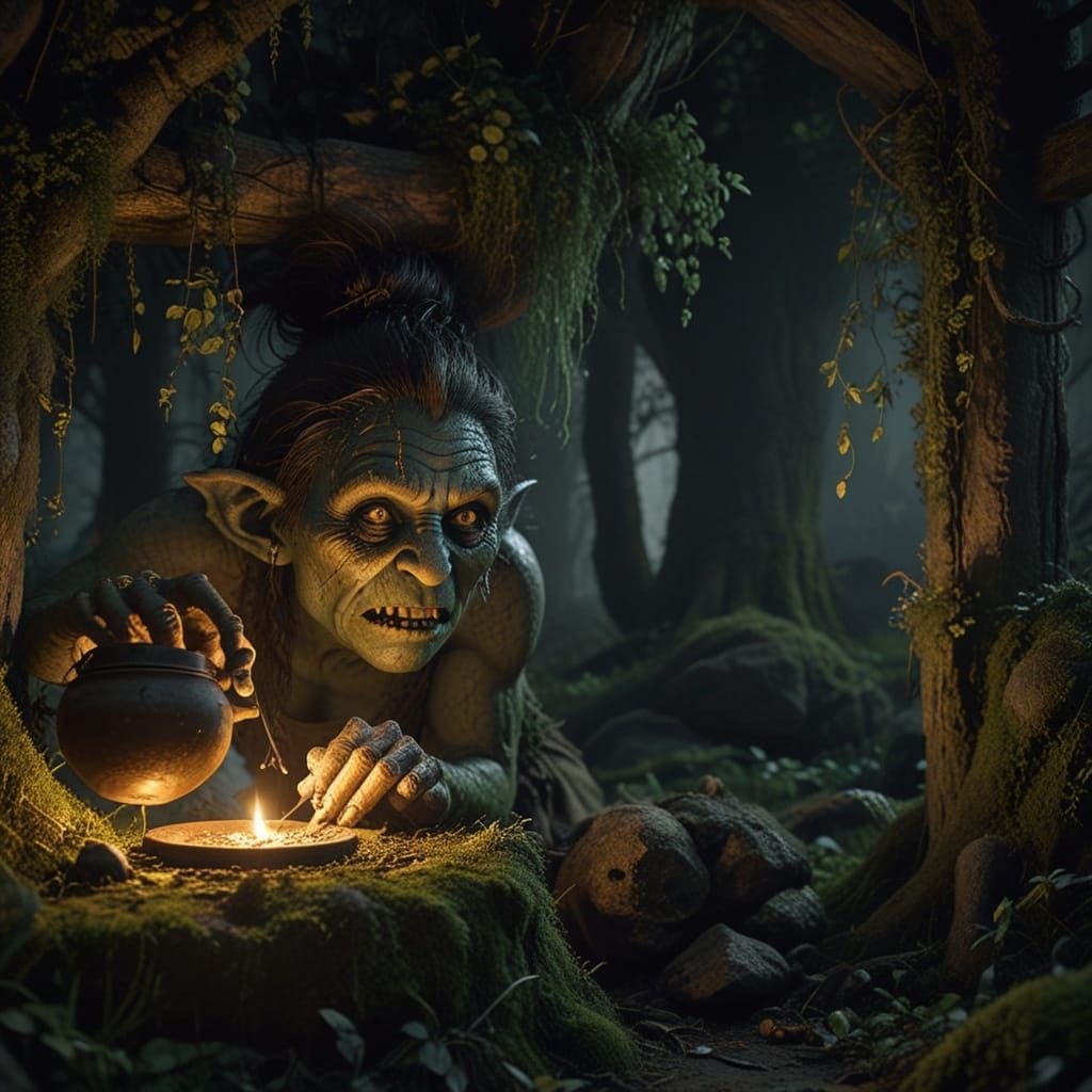 Ominous Troll Sharpening Blade in Dark Cottage