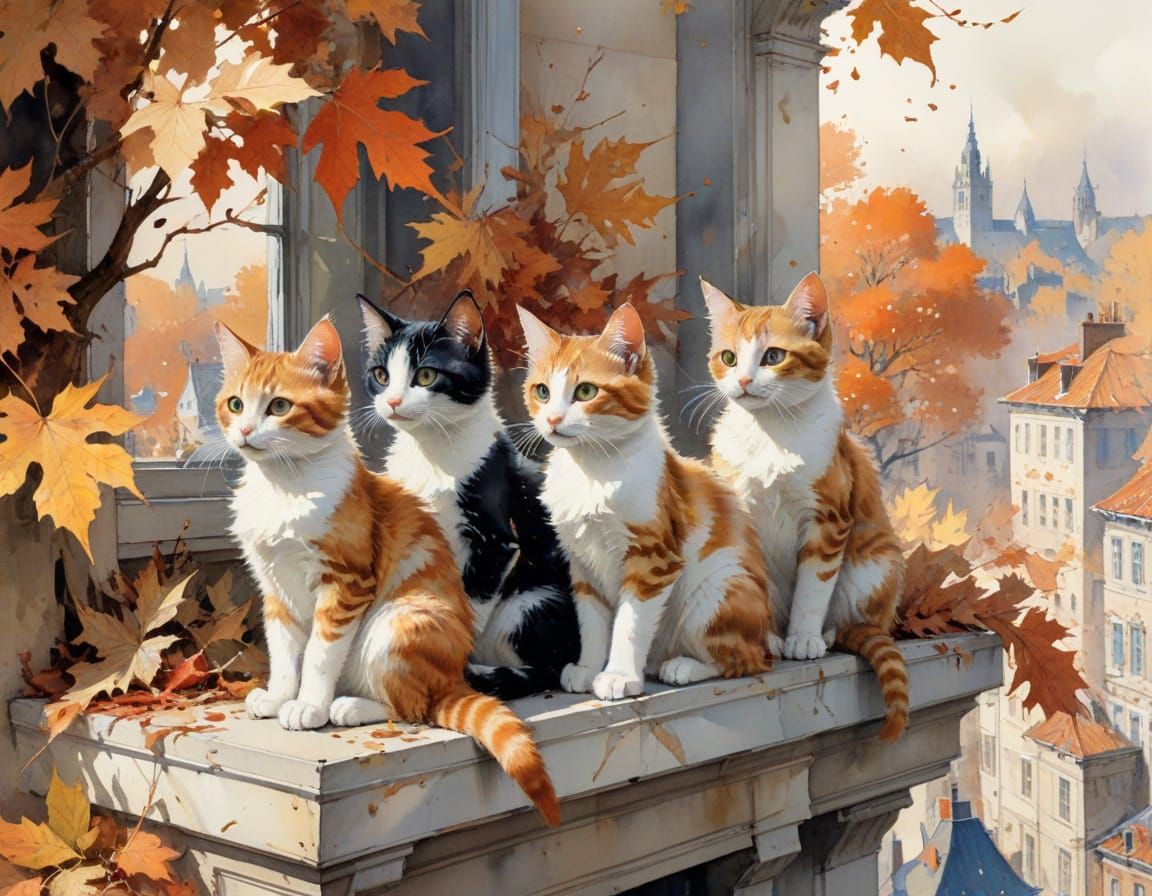 Calico Kittens Gaze at Autumn Town Square, Gouache Style