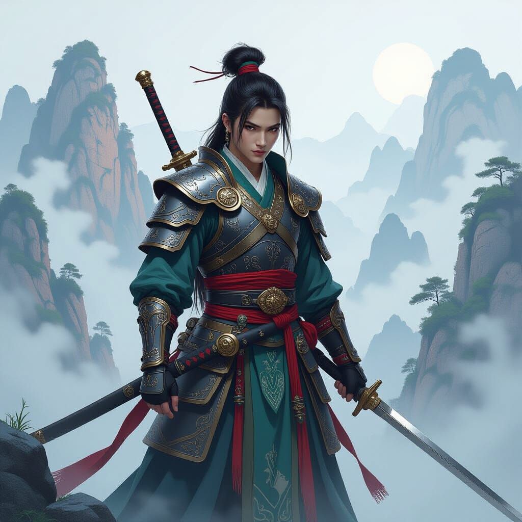 Danmei Warrior in Mystical Landscape, Inspired by Loish