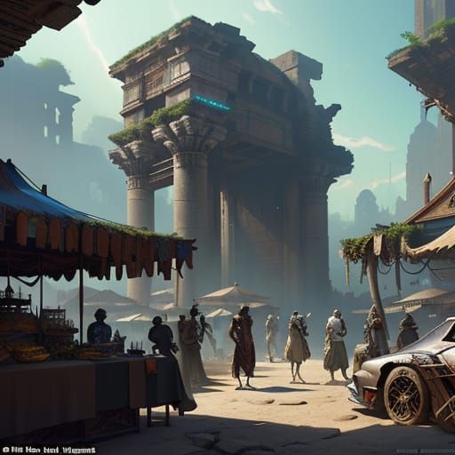 Futuristic Marketplace in Ancient Temple Ruins