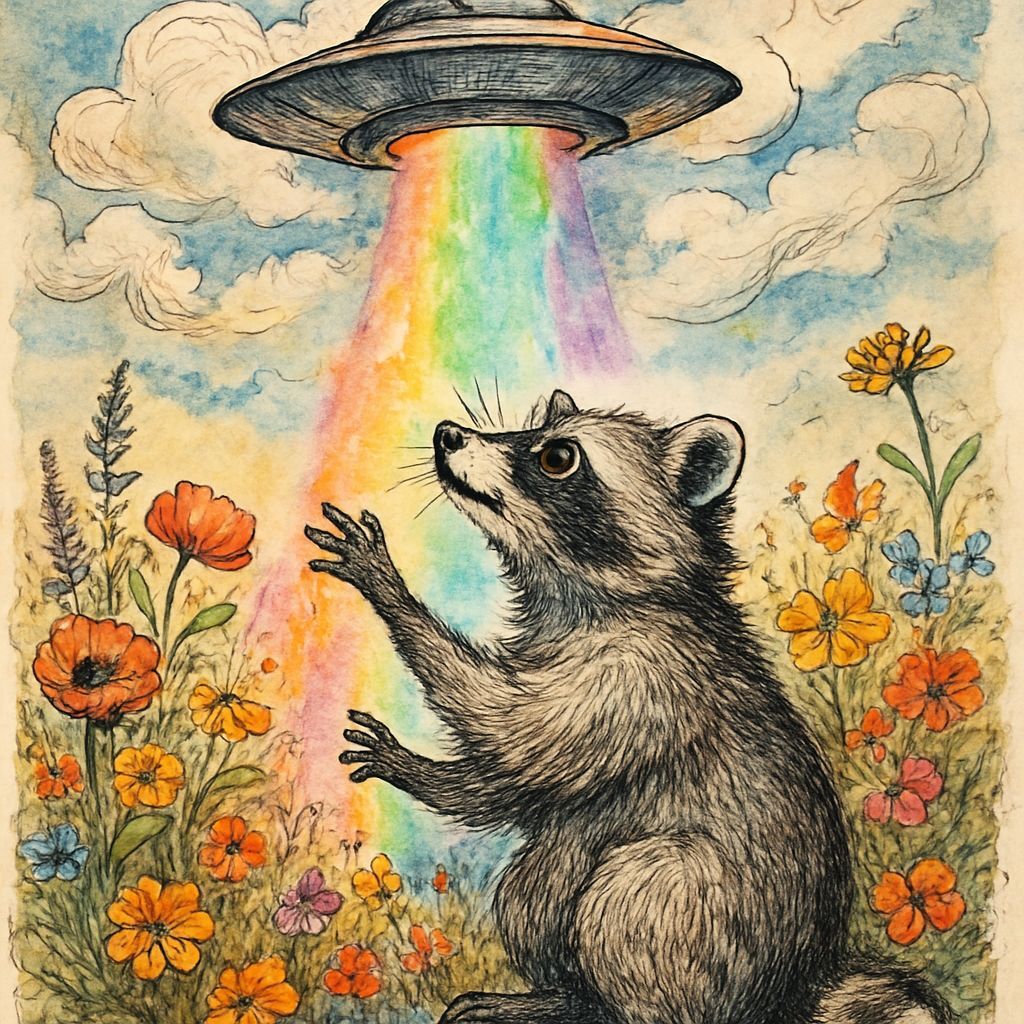 Raccoon's Encounter: Surreal Watercolor UFO Sketch