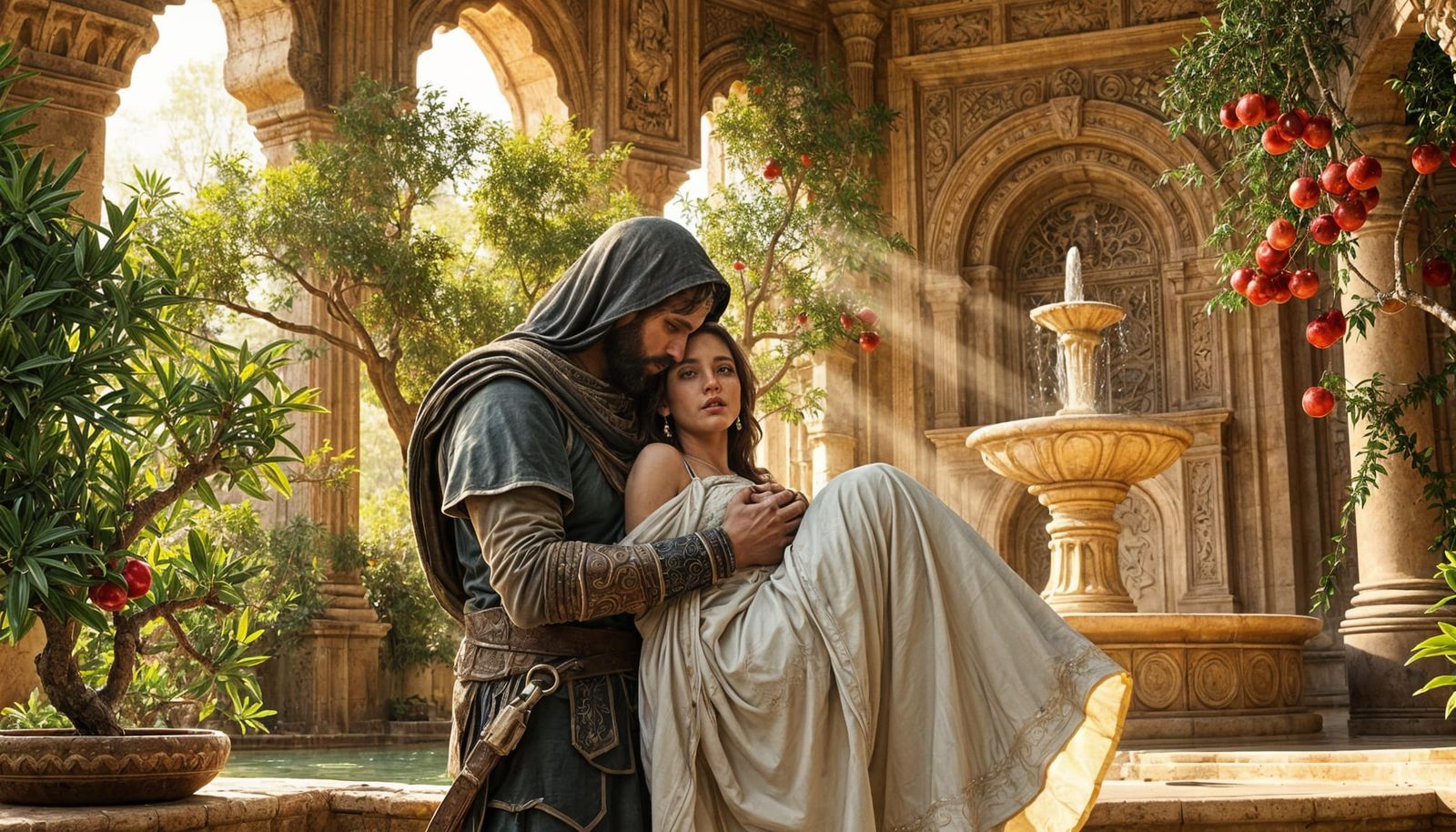 Epic Fantasy Film Still: A Warrior's Gentle Embrace in Ancie...