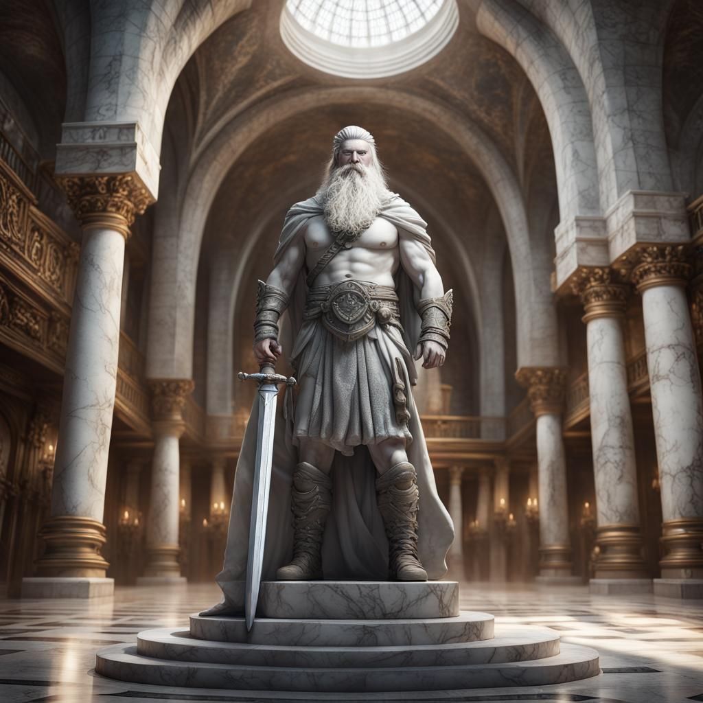 Marble Statue of a Fantasy Warrior in Castle Hall
