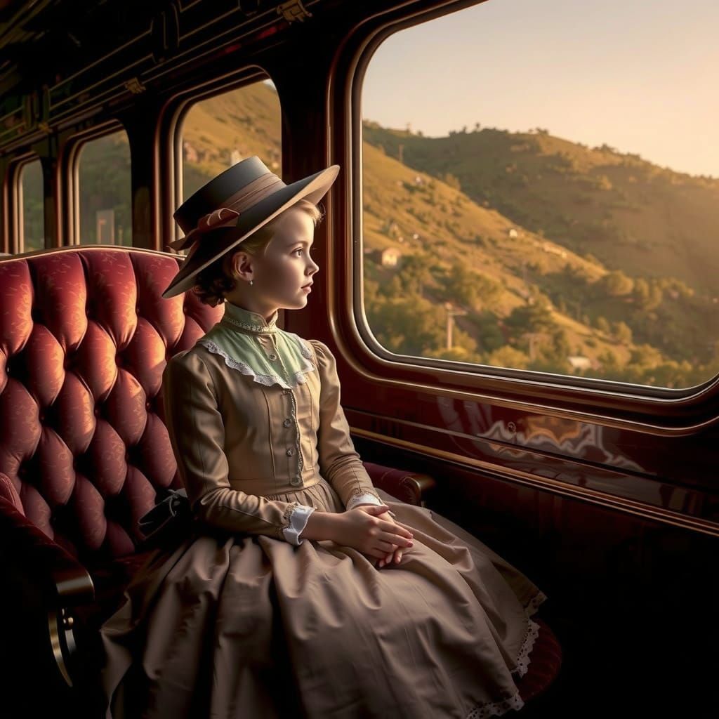 Victorian Girl on Steam Train at Sunset