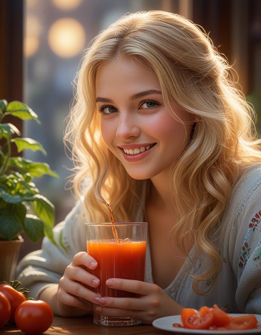 Beautiful Girl Drinks Tomato Juice in Ethereal Fantasy Art
