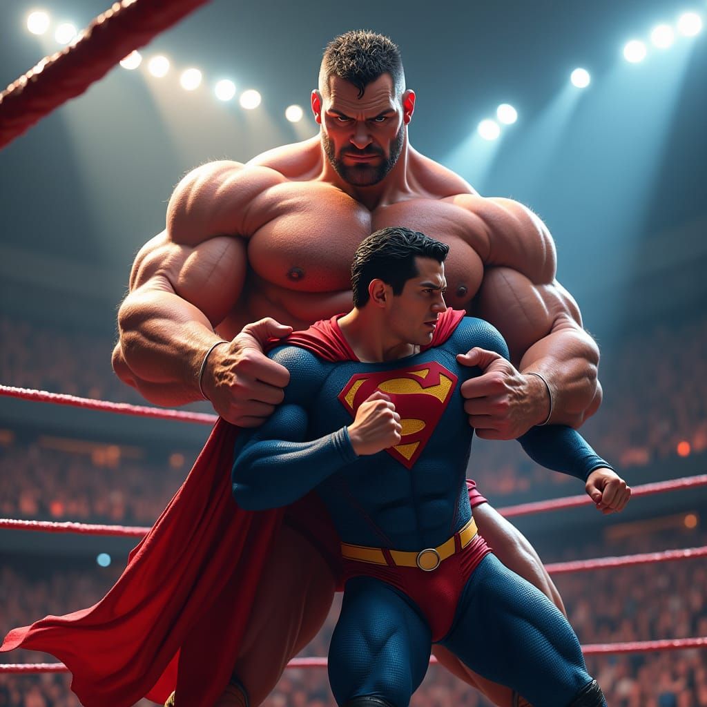 Colossal Jimmy Olsen Wrestles Superman in High-Tech Ring