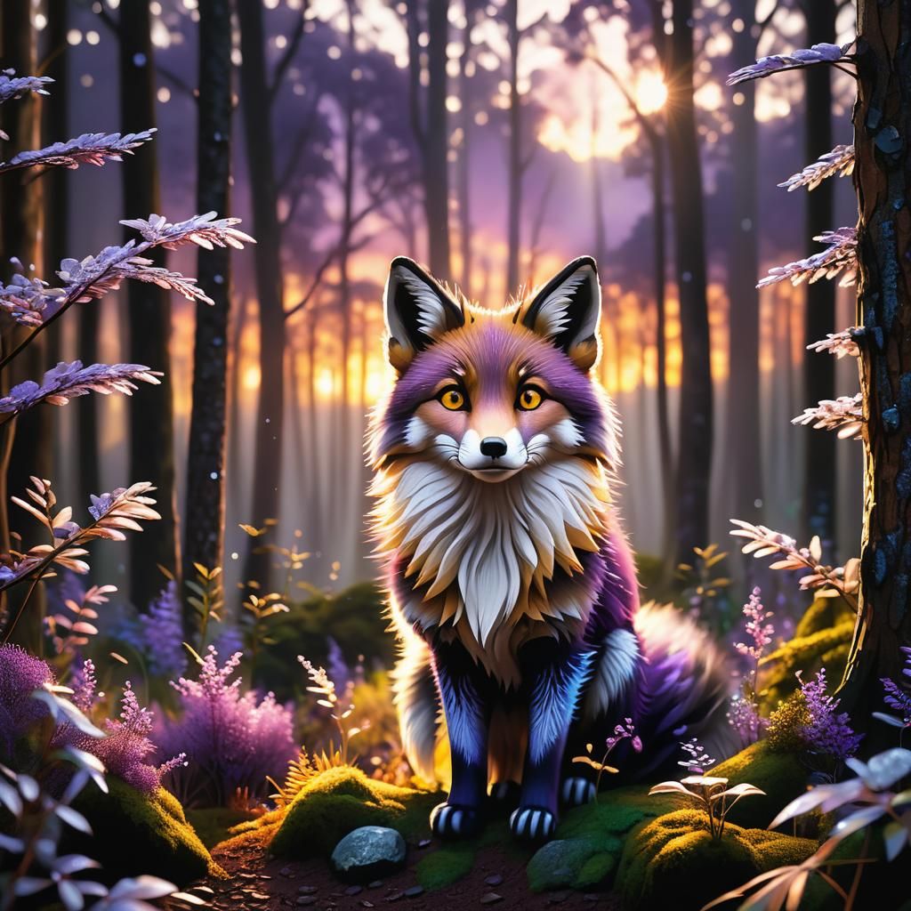 Fluffy Purple Fox in Sunset Forest: 3D Render