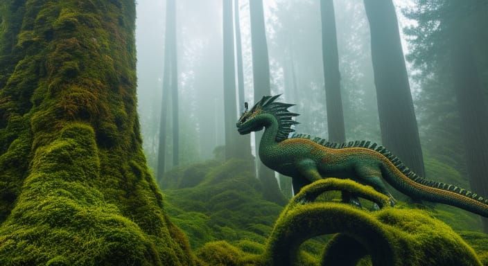 Mystical Mossy Dragon Statue in Foggy Forest