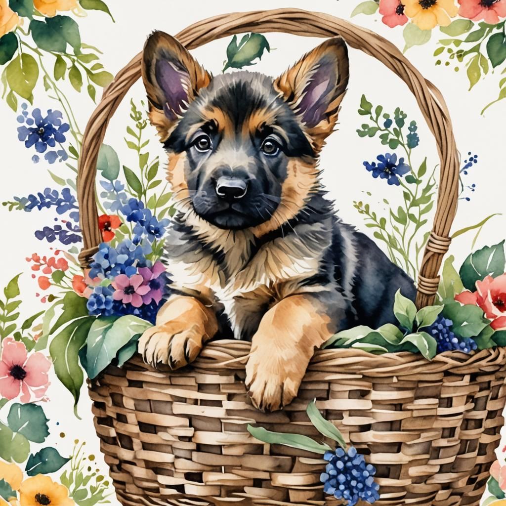 Watercolor German Shepherd Puppy in Basket
