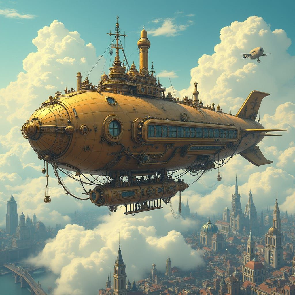 Steampunk Airship Over Retro Metropolis: Ghibli Style