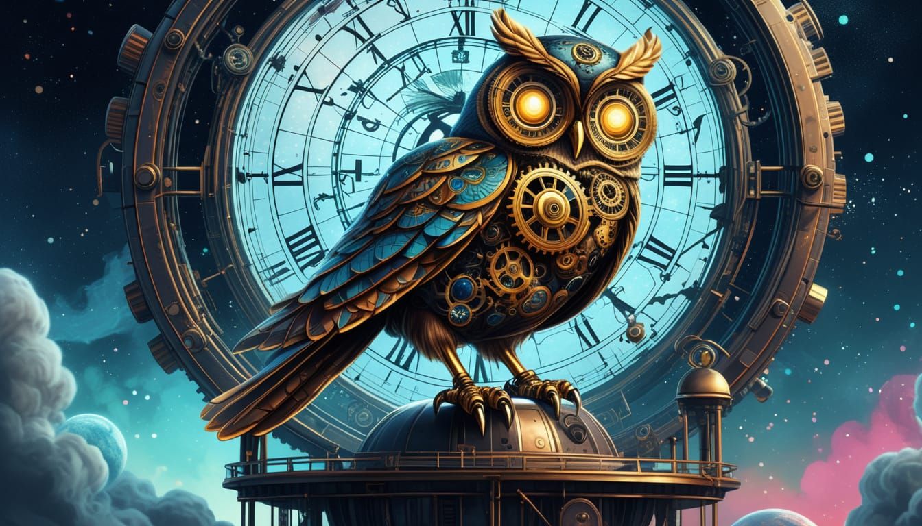 Clockwork Owl on Celestial Observatory in Watercolor Style
